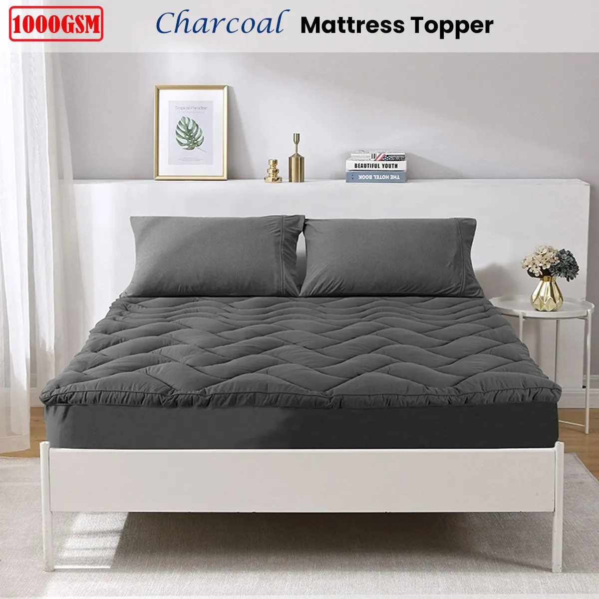 1000GSM Charcoal Mattress Topper King Single