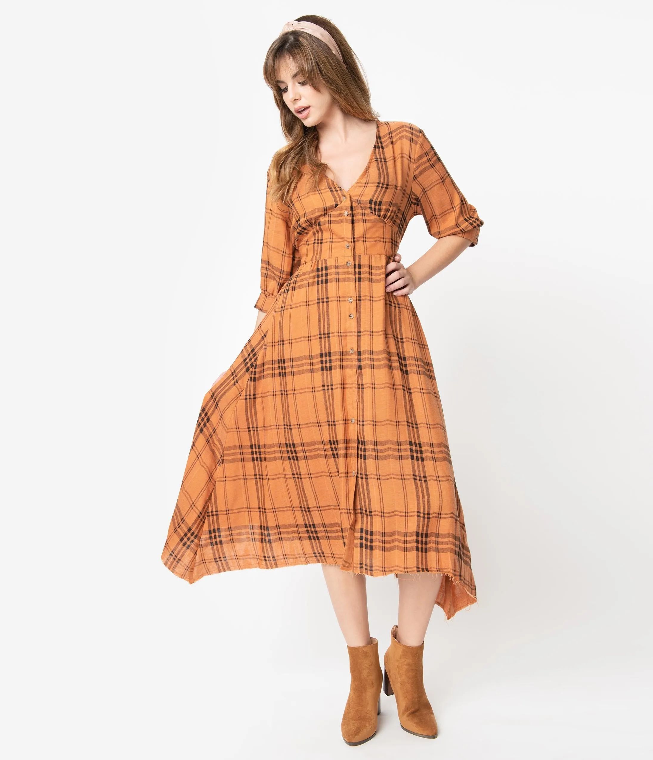 1930s Style Orange & Black Plaid Cotton Sleeved Shirtdress