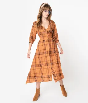 1930s Style Orange & Black Plaid Cotton Sleeved Shirtdress