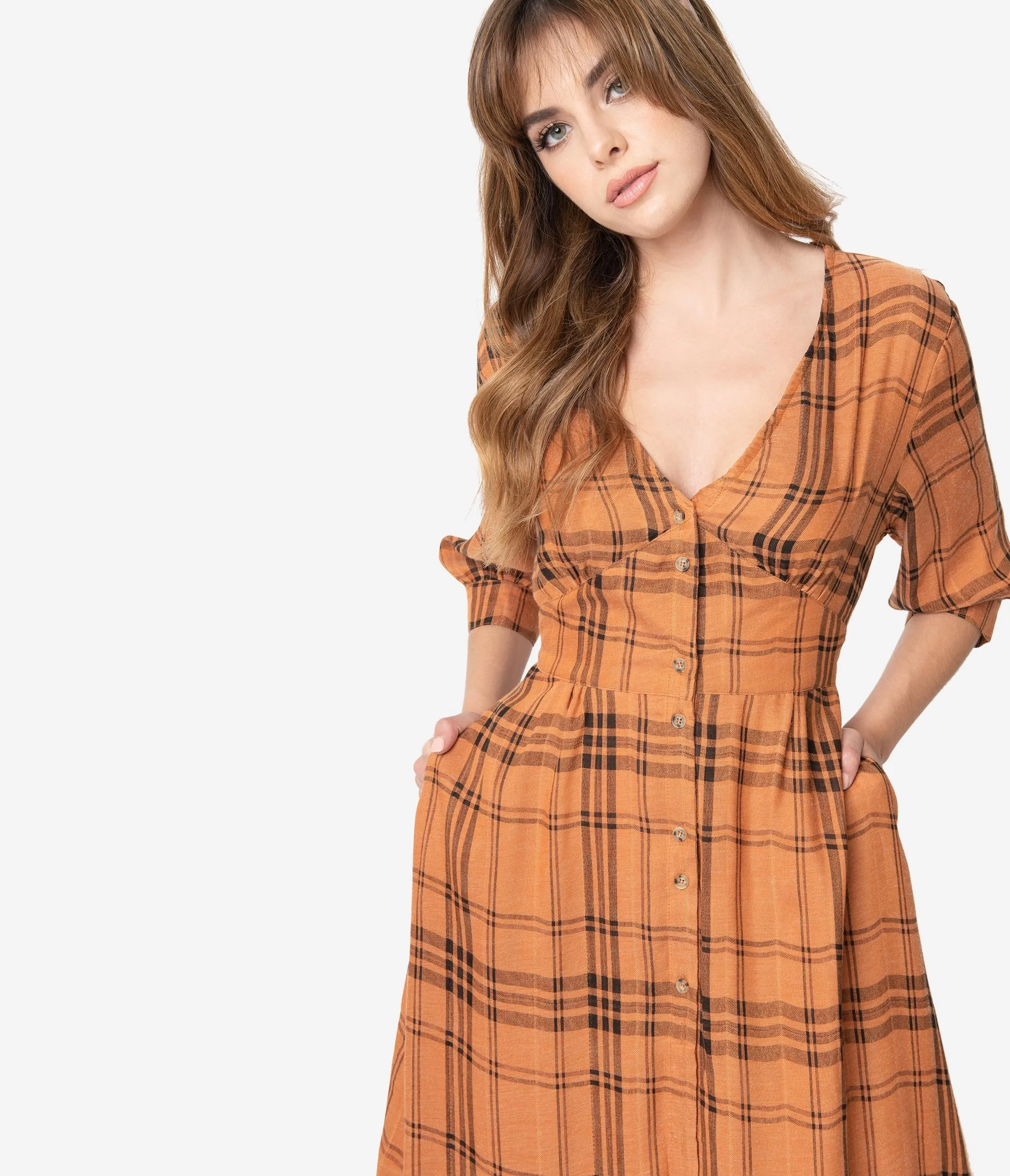 1930s Style Orange & Black Plaid Cotton Sleeved Shirtdress