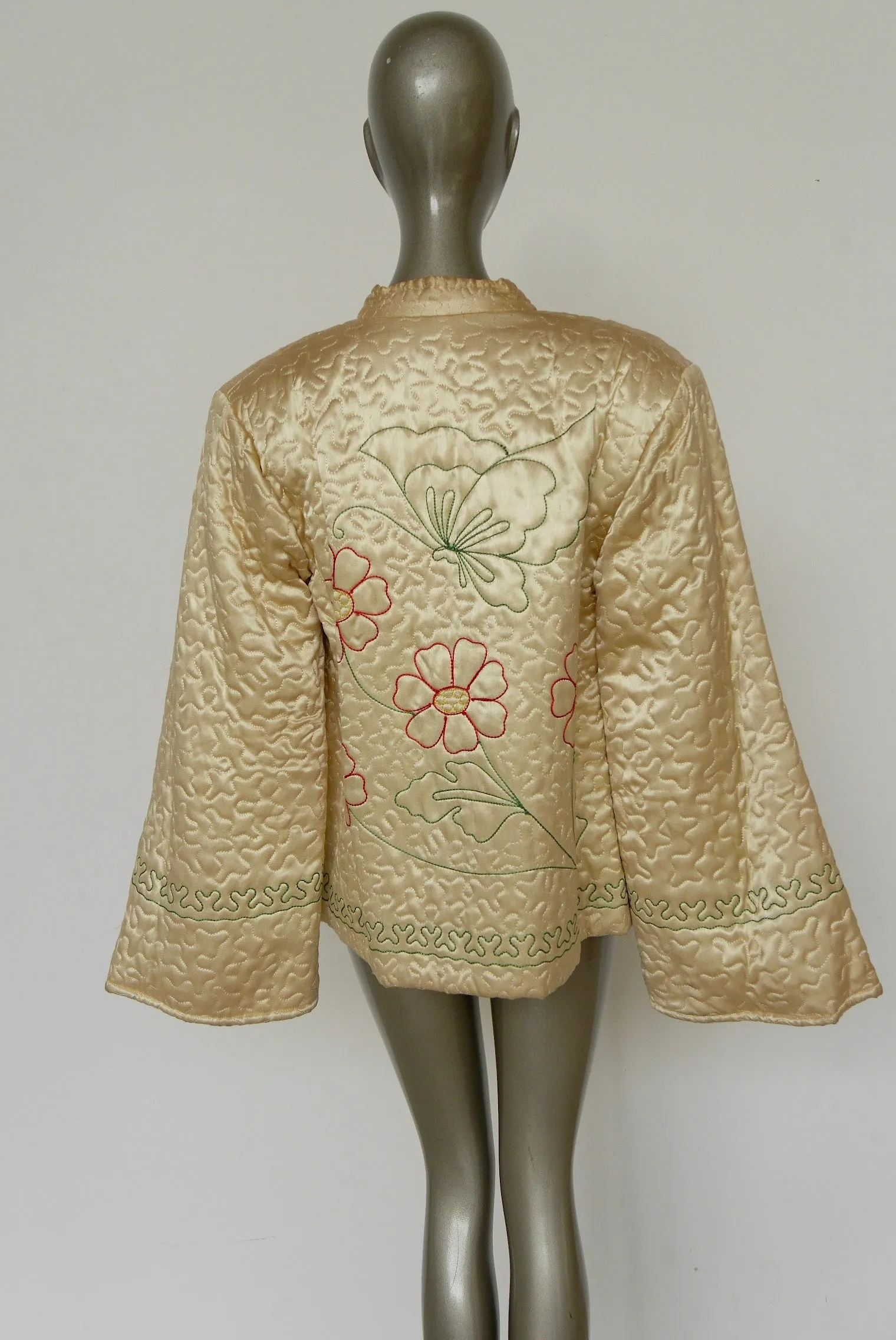 1940s silk satin bed jacket with amazing embroidery and huge bell sleeves