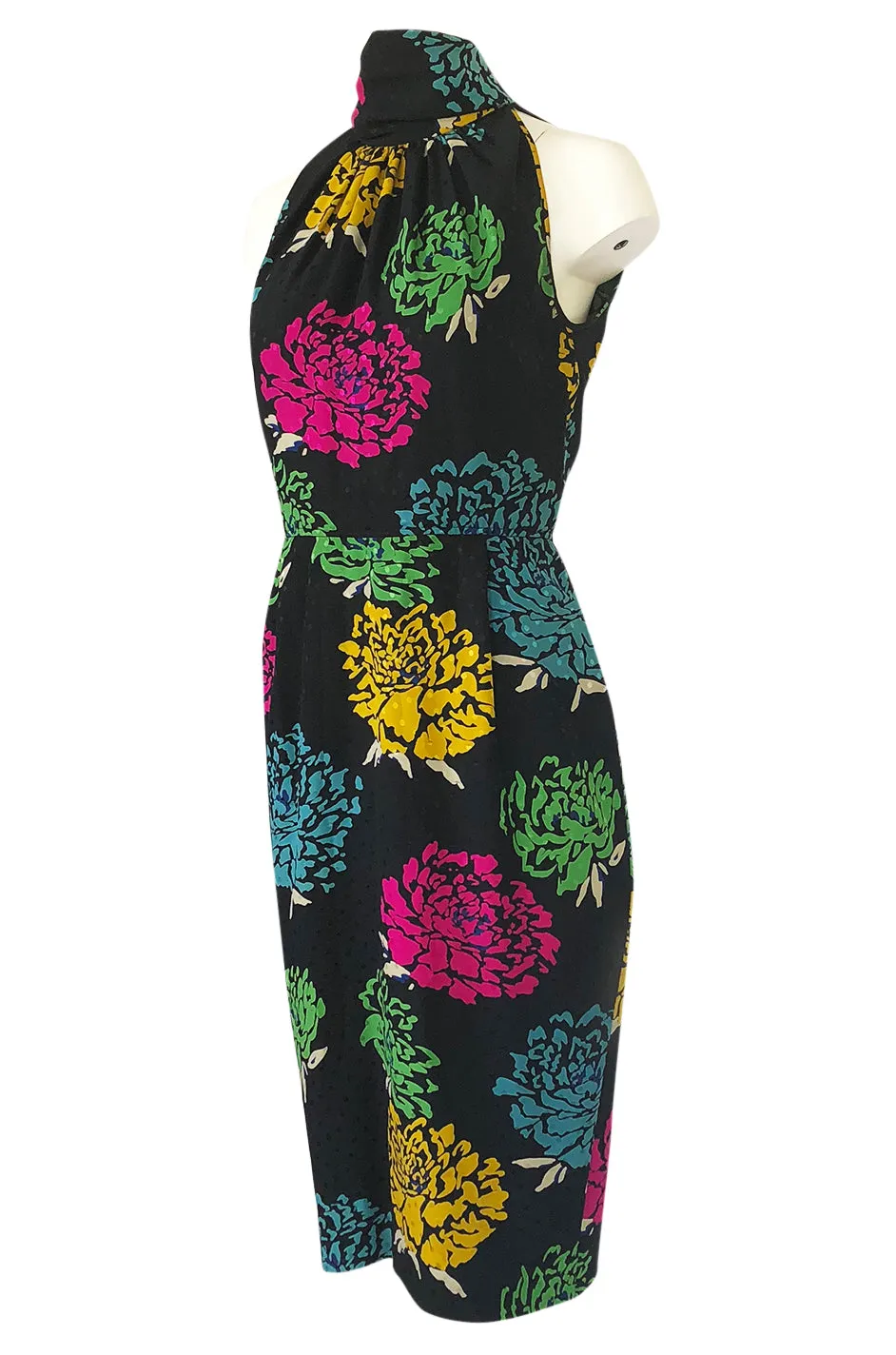 1970s Emanuel Ungaro Multi-Color Floral Silk Print Sleeveless Dress