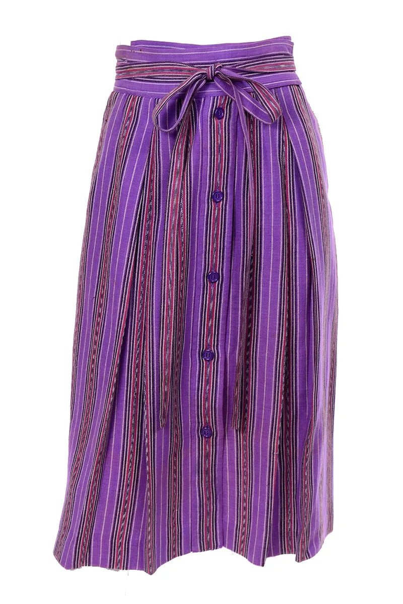 1970s Yves Saint Laurent YSL Vintage Purple Striped Skirt w/ Belt