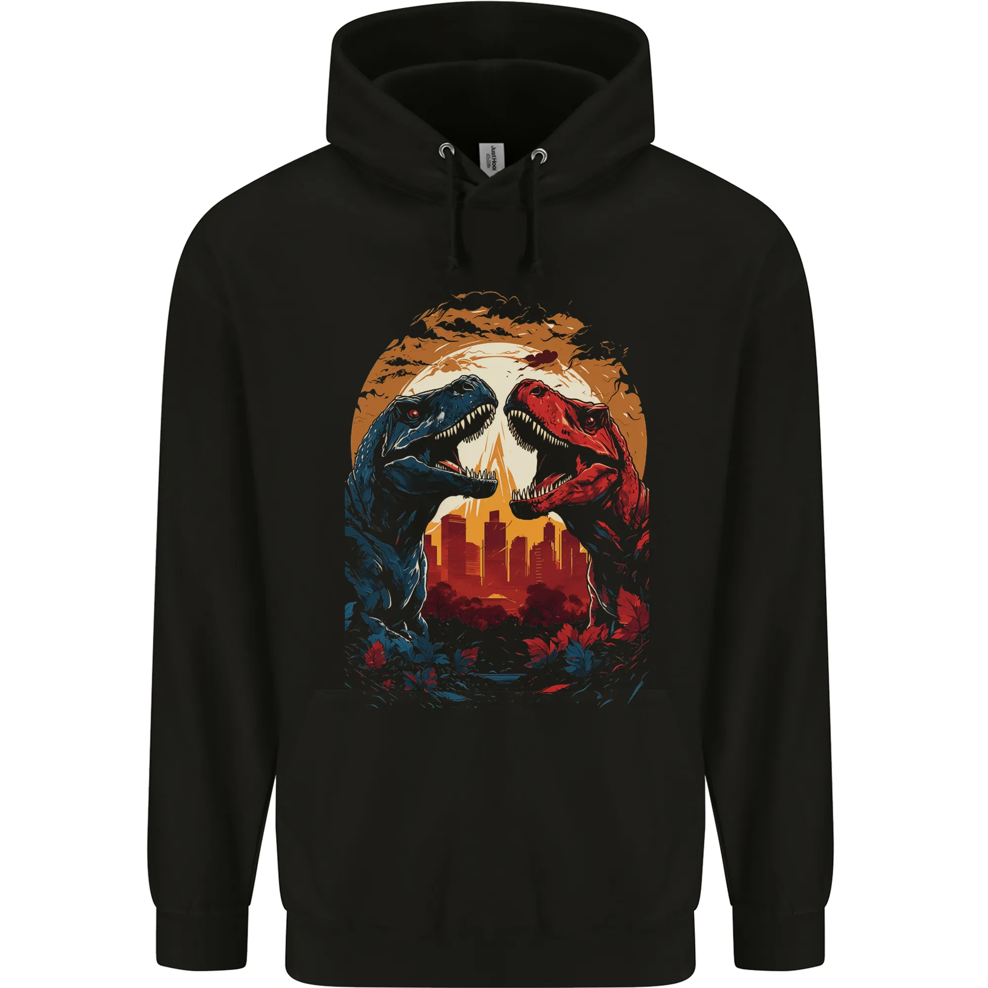 2 Dinosaurs With a Moon Backdrop T-Rex Lizard Mens 80% Cotton Hoodie