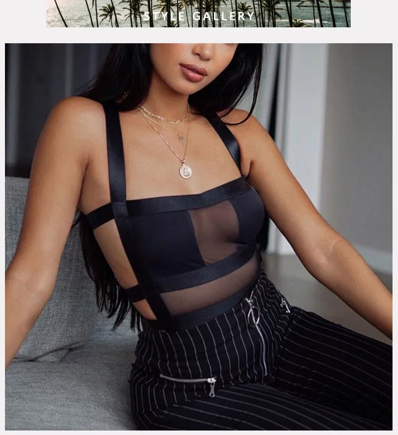 2021 Summer Mesh Bodysuit Autumn Casual Hollow Out Strap Bodycon Black Party Club Bodysuit Body Top