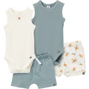 4-Piece Baby Boys Cream & Teal Bodysuits and Shorts Set