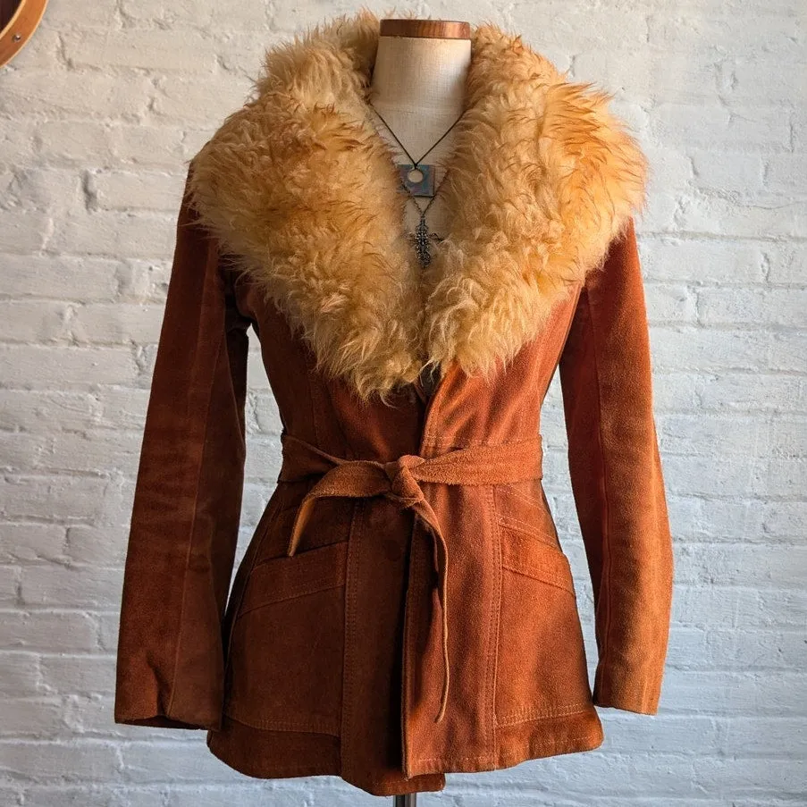 70s Orange Suede Penny Lane Jacket Groovy Fur Furry Genuine Leather Trench Coat