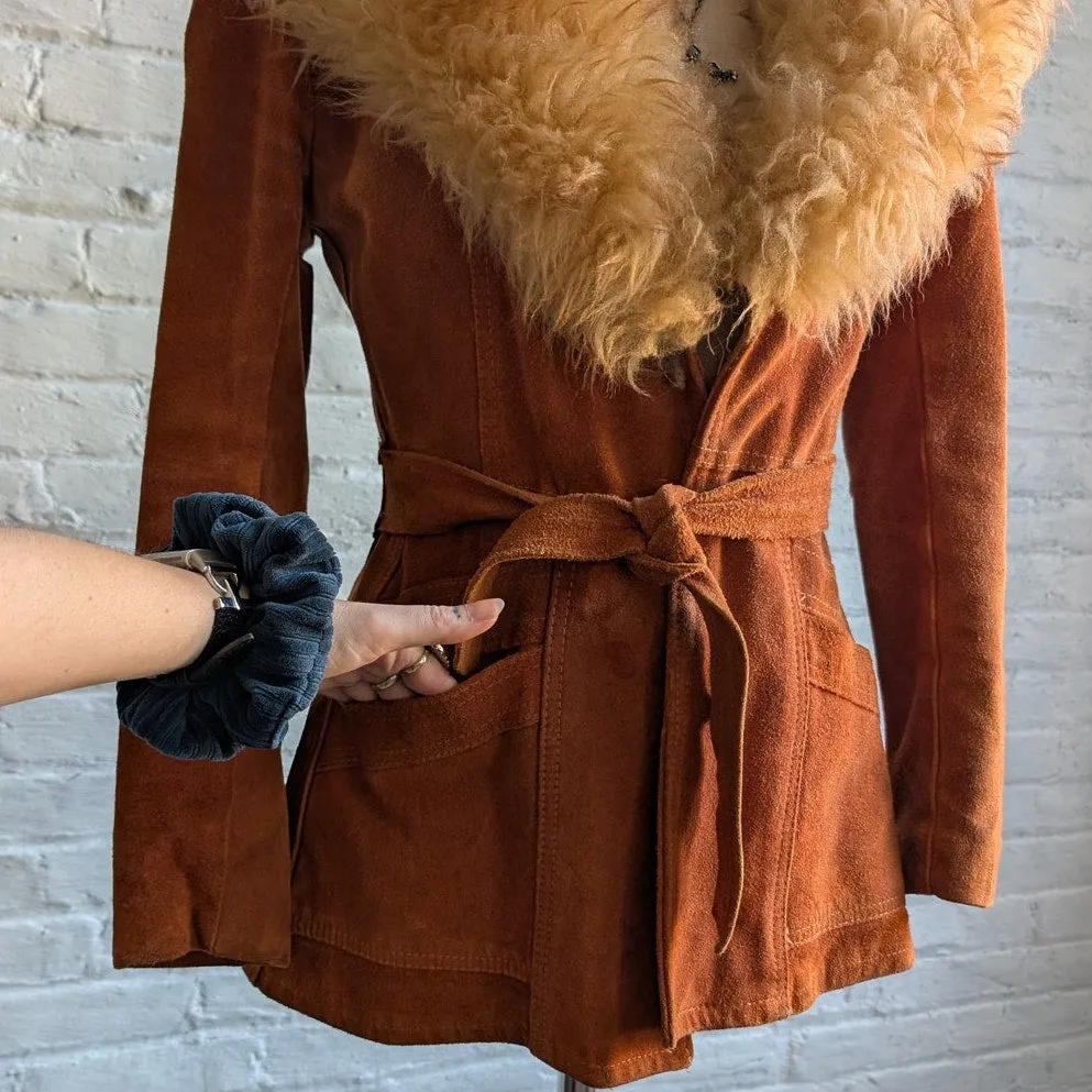 70s Orange Suede Penny Lane Jacket Groovy Fur Furry Genuine Leather Trench Coat