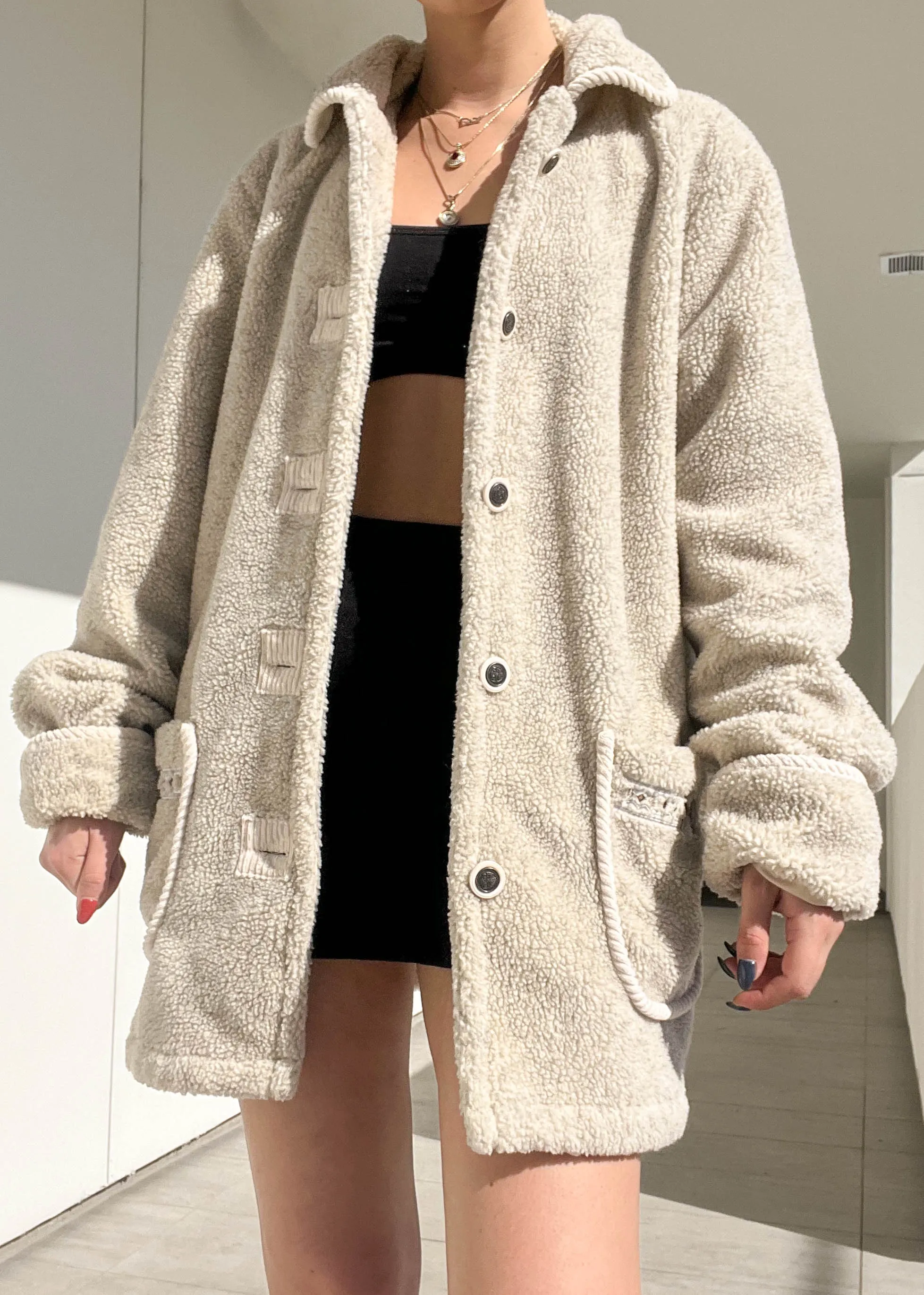 90's Beige Teddy Coat (L)