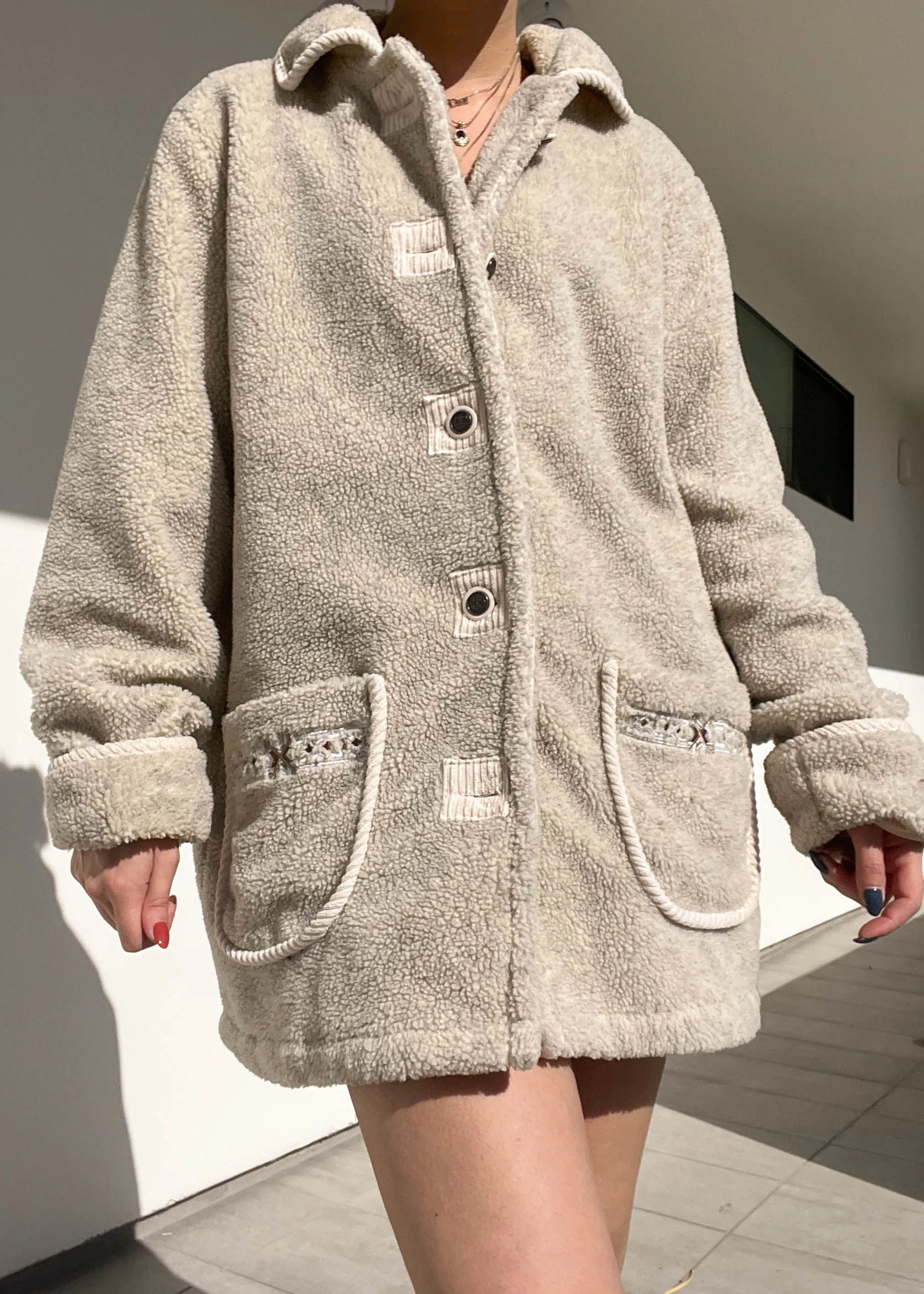 90's Beige Teddy Coat (L)