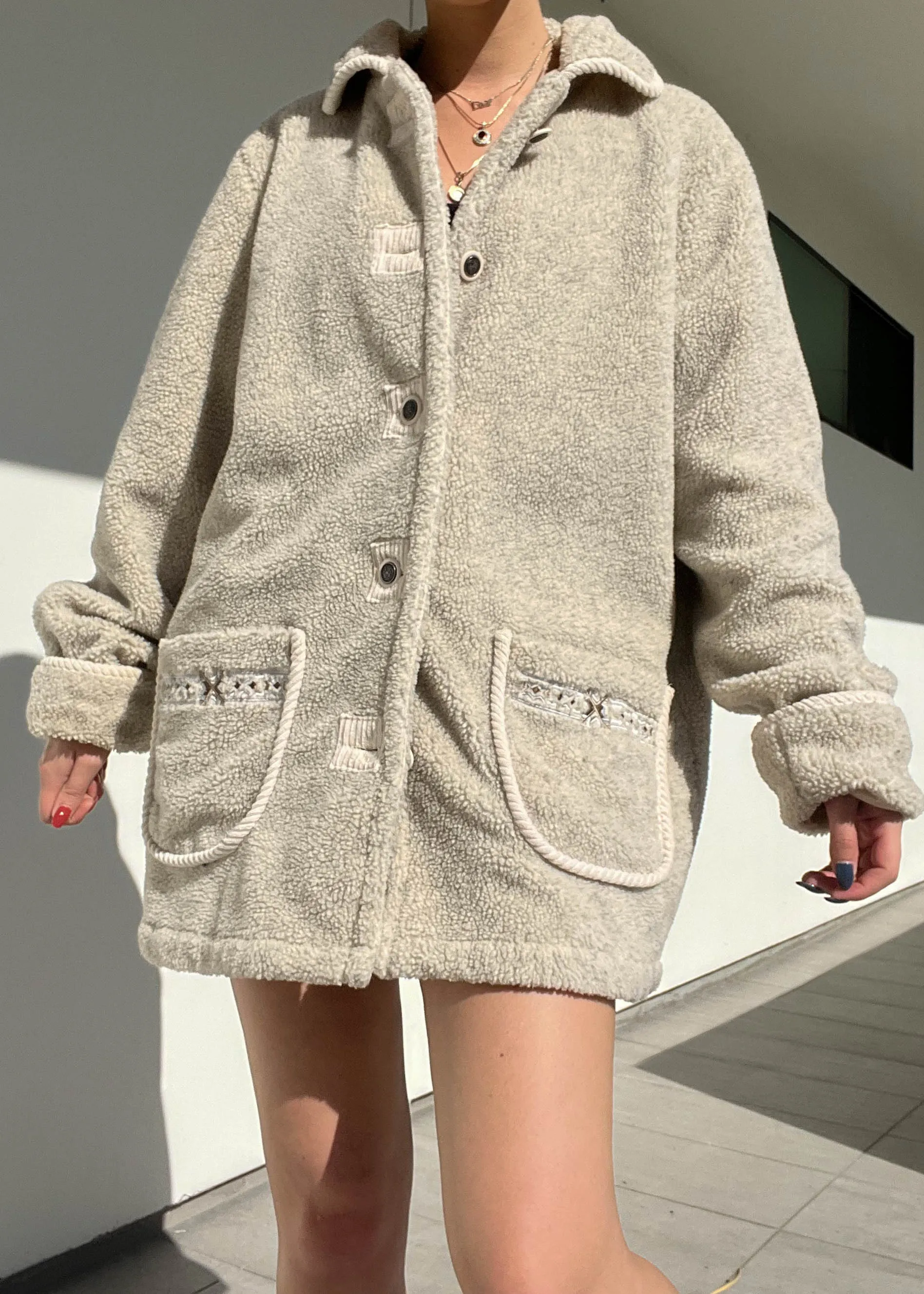 90's Beige Teddy Coat (L)