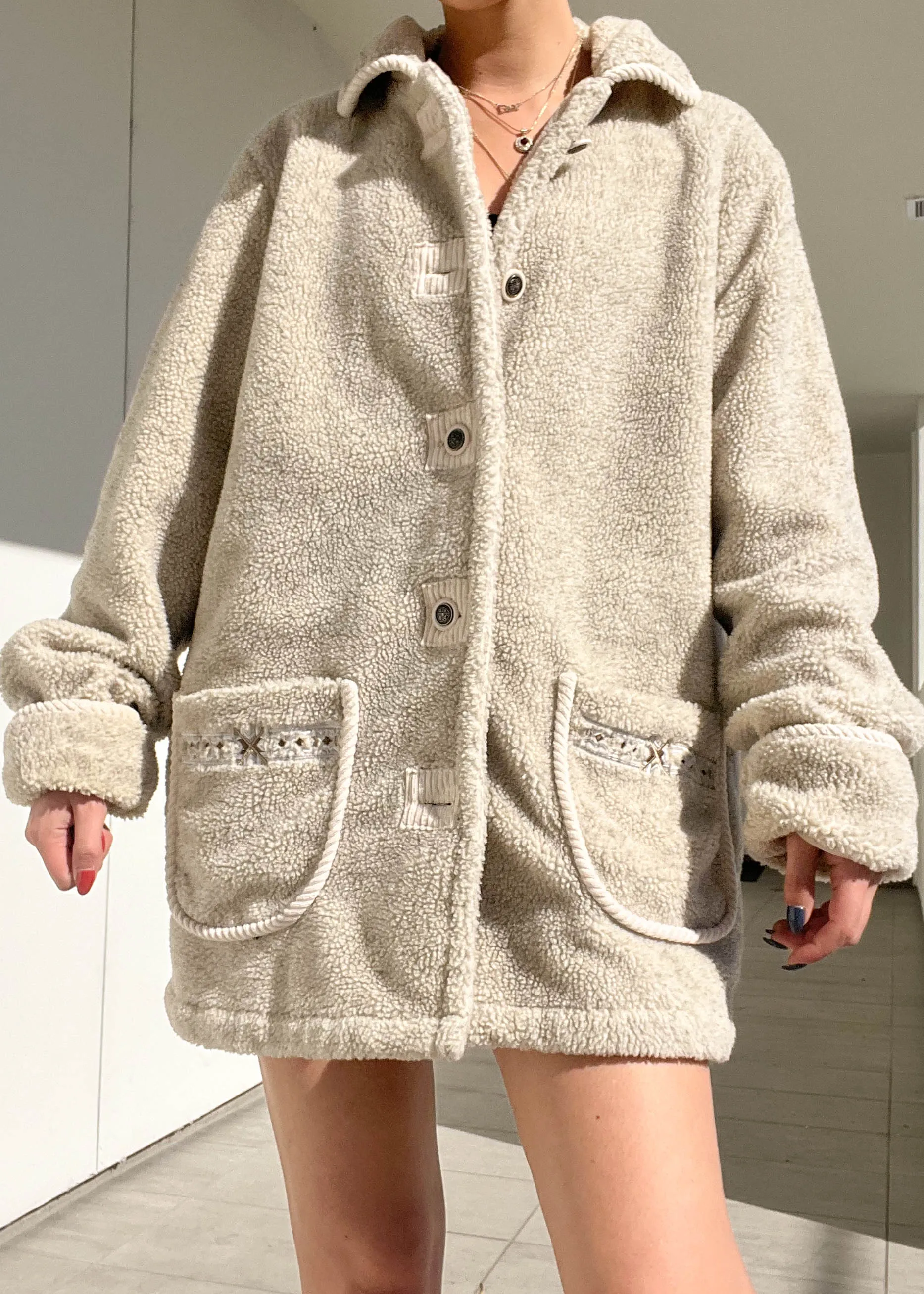 90's Beige Teddy Coat (L)