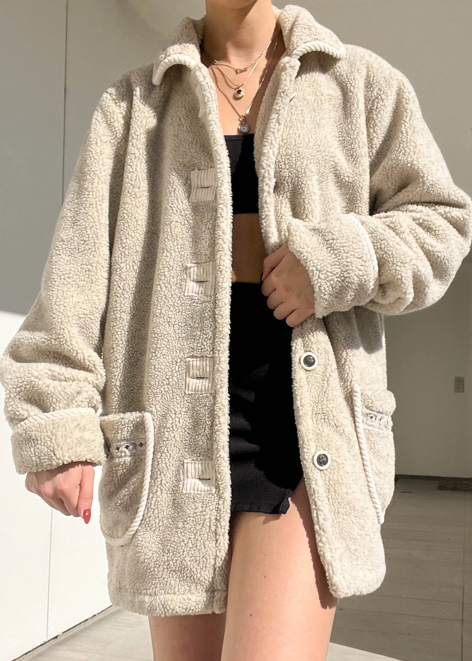 90's Beige Teddy Coat (L)