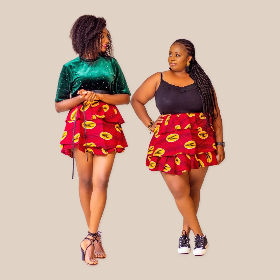 Ada African Print Midi Skirt - Red & Yellow