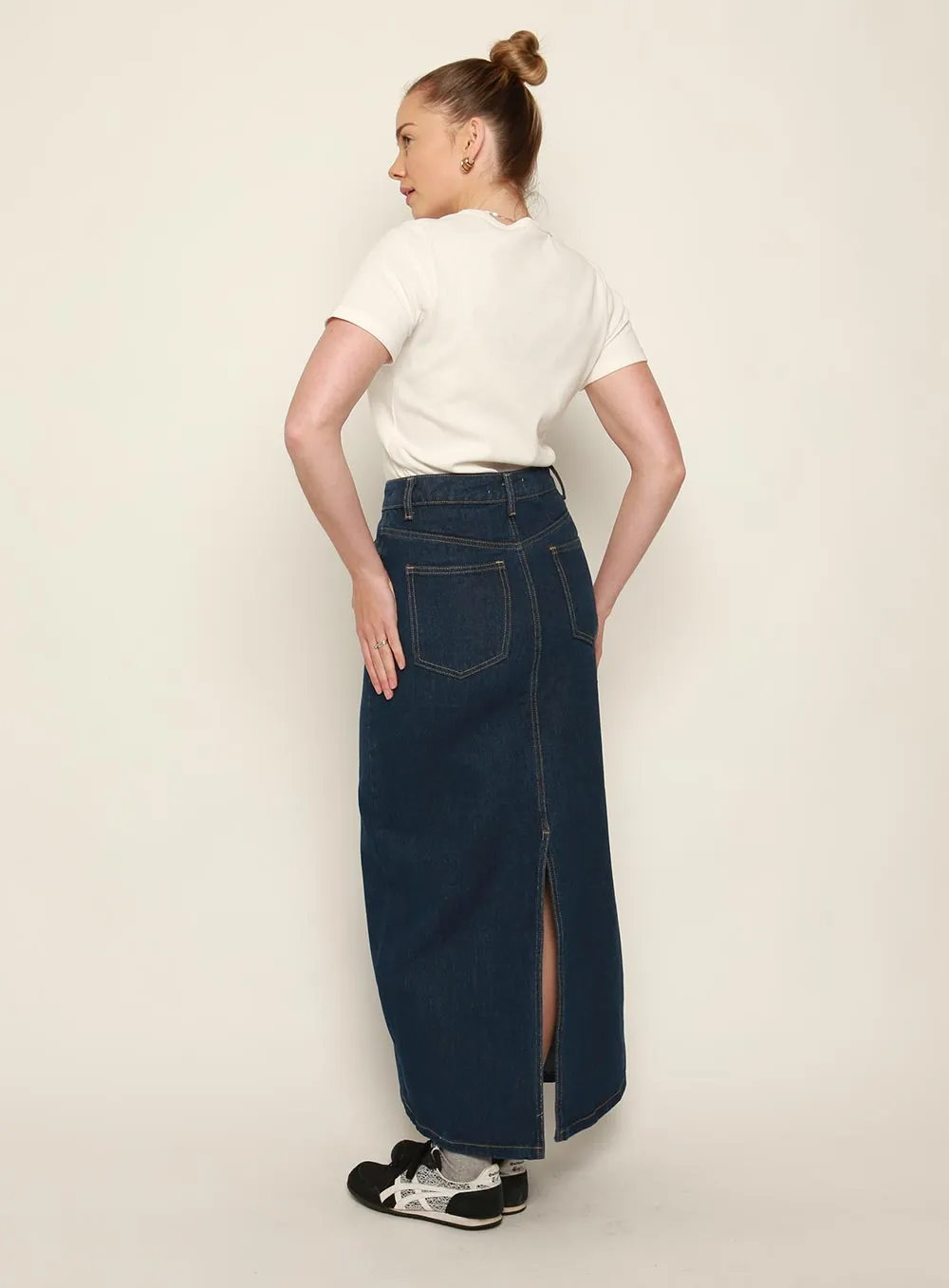 Adia Denim Midi Skirt-DARK BLUE