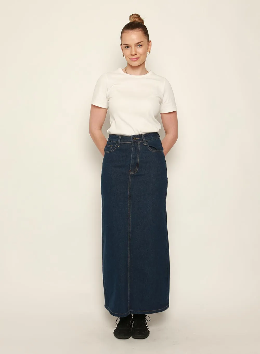 Adia Denim Midi Skirt-DARK BLUE