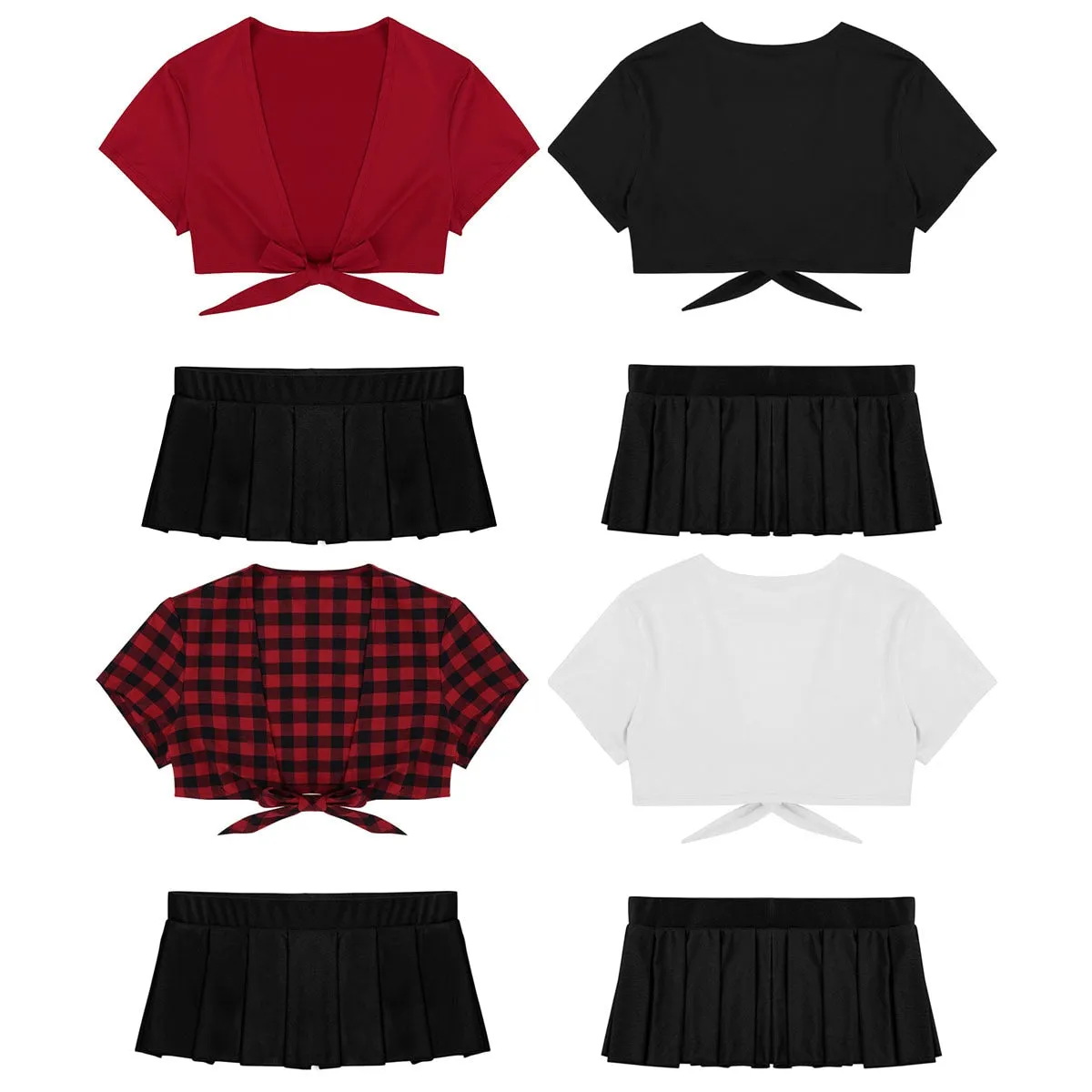 Adult's Cosplay Students Uniform Schoolgirl Costume Outfit Short Sleeve Night Clubwear Deep V Crop Top Pleated Mini Skirt