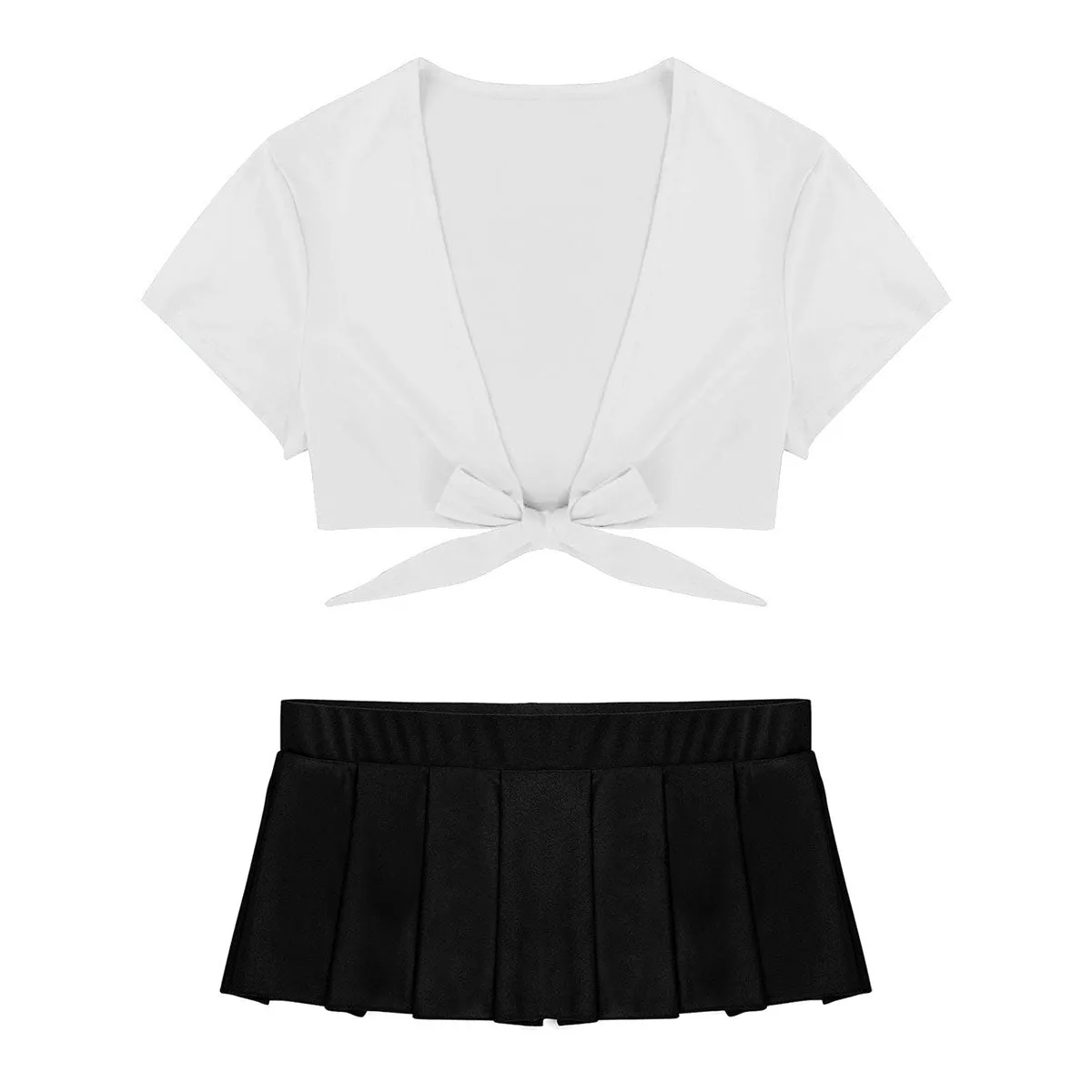 Adult's Cosplay Students Uniform Schoolgirl Costume Outfit Short Sleeve Night Clubwear Deep V Crop Top Pleated Mini Skirt