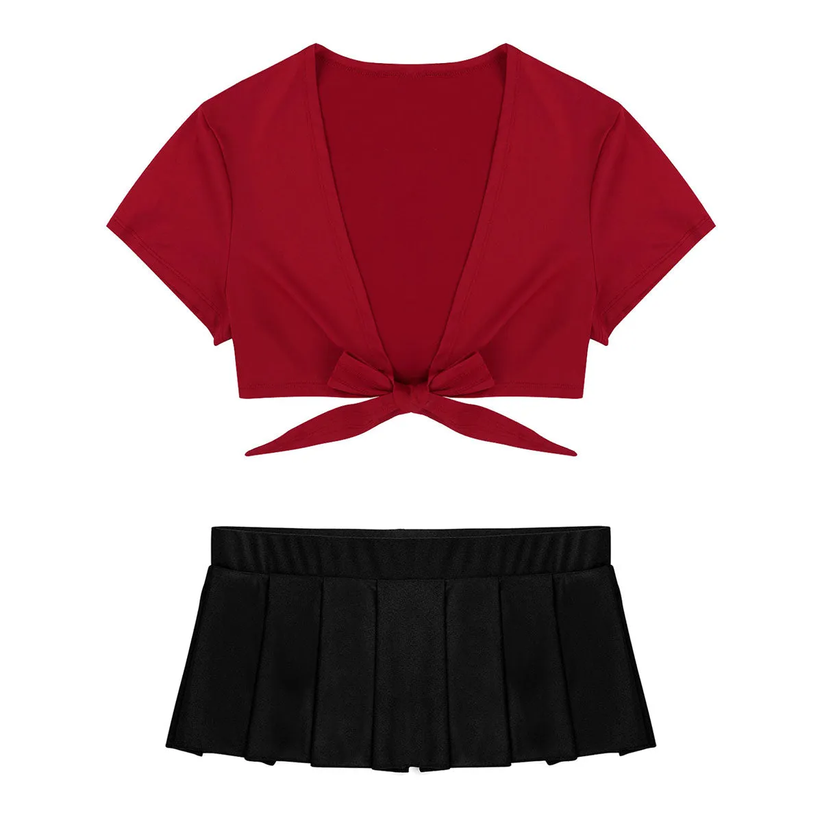 Adult's Cosplay Students Uniform Schoolgirl Costume Outfit Short Sleeve Night Clubwear Deep V Crop Top Pleated Mini Skirt