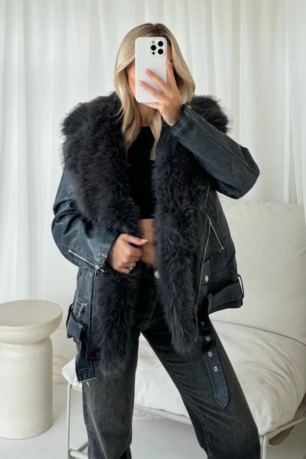 Alexis grey faux fur and PU leather jacket