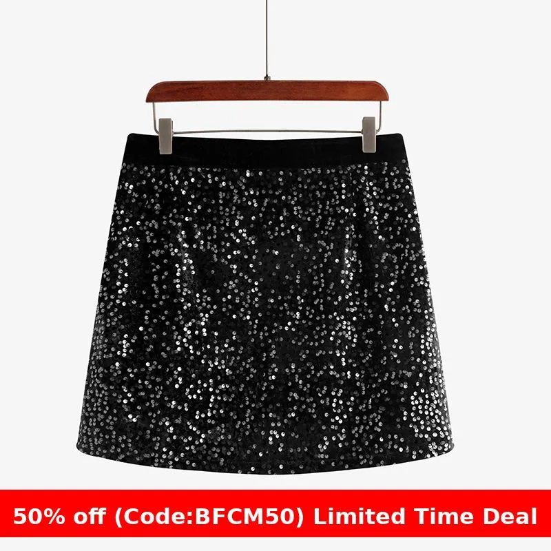 Amozae christmas outfit men plus Size Women's Sequined Skirt Female Sweet Cool A- line Skirt 2024 Autumn Chubby Girl High Waist Skirt