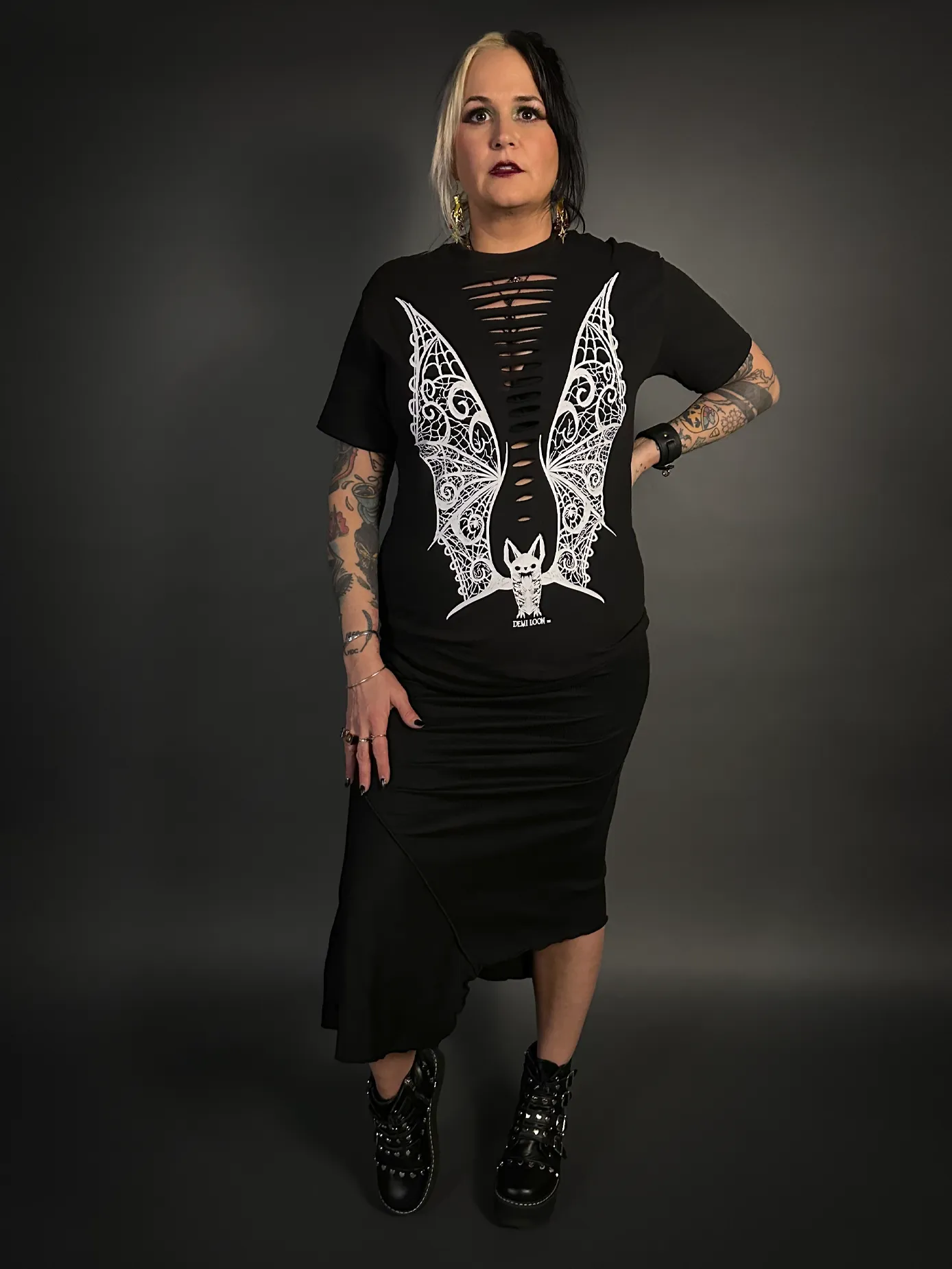 Asymmetrical Stretch Midi Skirt in Black - Punk / Goth Style