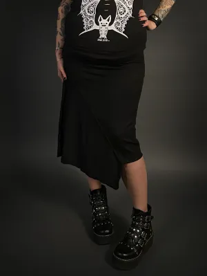 Asymmetrical Stretch Midi Skirt in Black - Punk / Goth Style