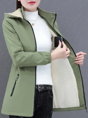 Autumn Winter Women's Plus Size Plush Long Sleeved Casual Hooded Jacket, Cozy Oversized Warm Coat For Women