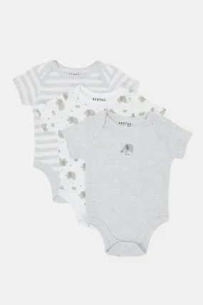 Baby White And Grey Printed Bodysuit Set (Pack Of 3)