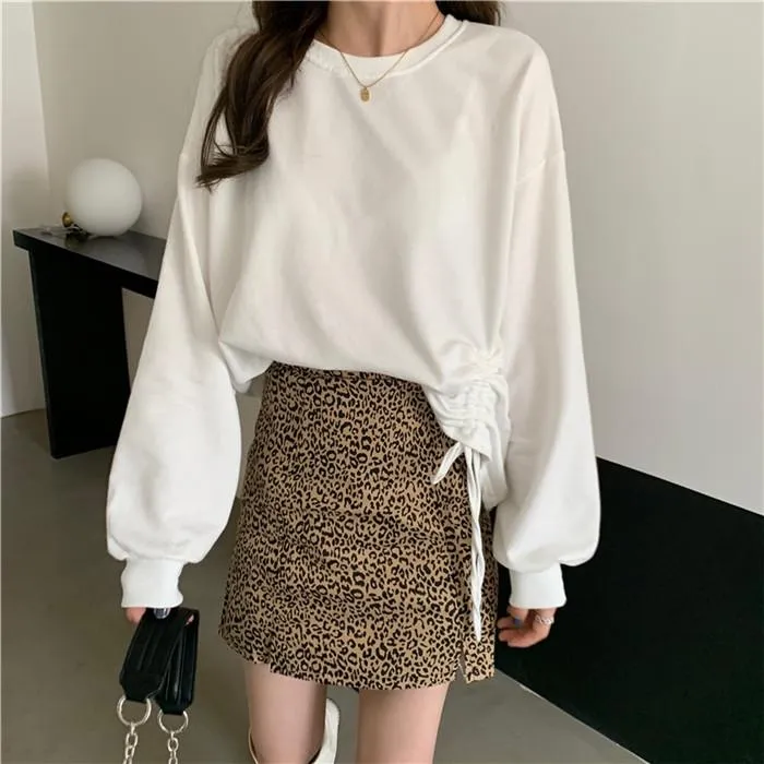 Basic Side Drawstring Sweatshirt   Leopard Short Skirt