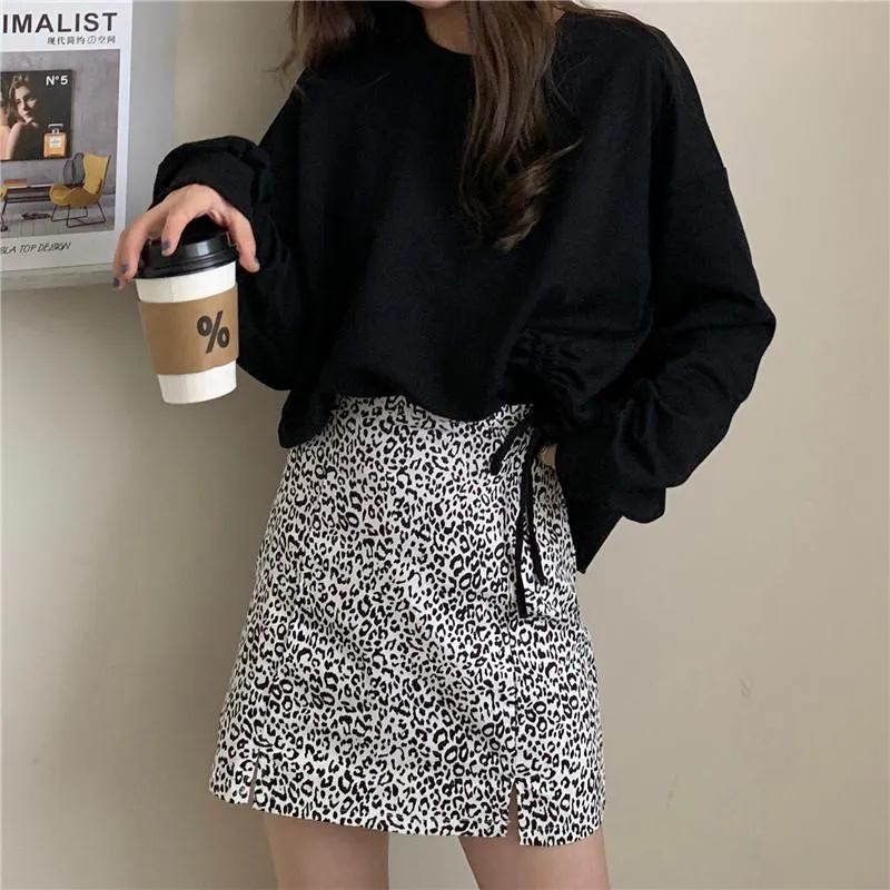 Basic Side Drawstring Sweatshirt   Leopard Short Skirt