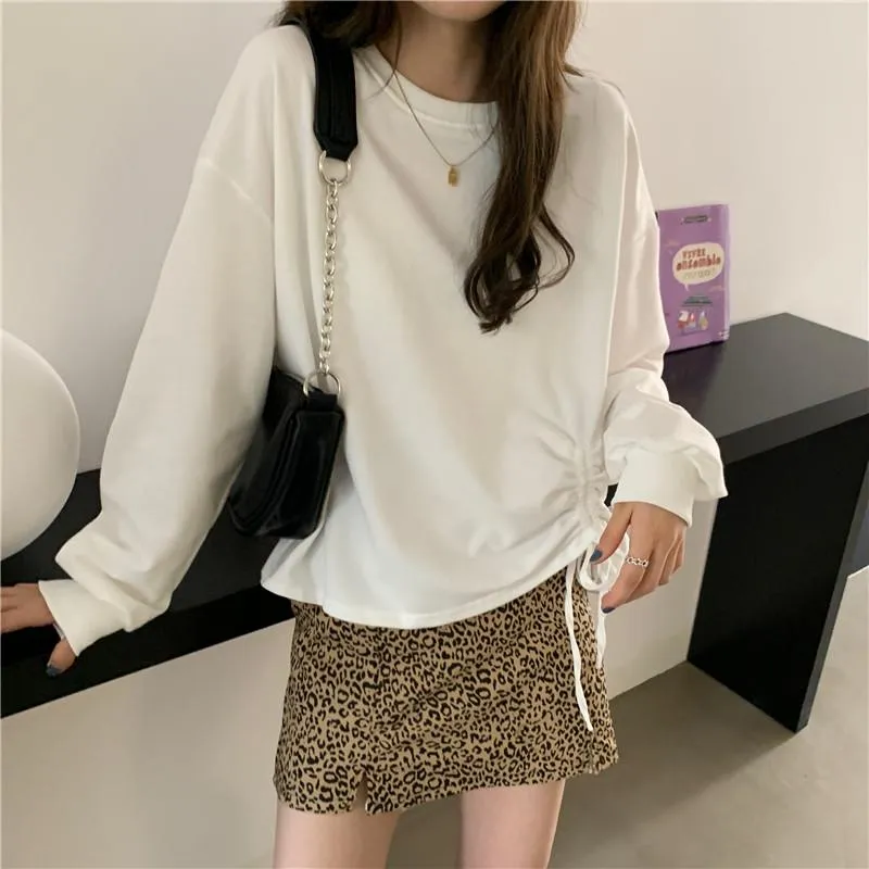 Basic Side Drawstring Sweatshirt   Leopard Short Skirt