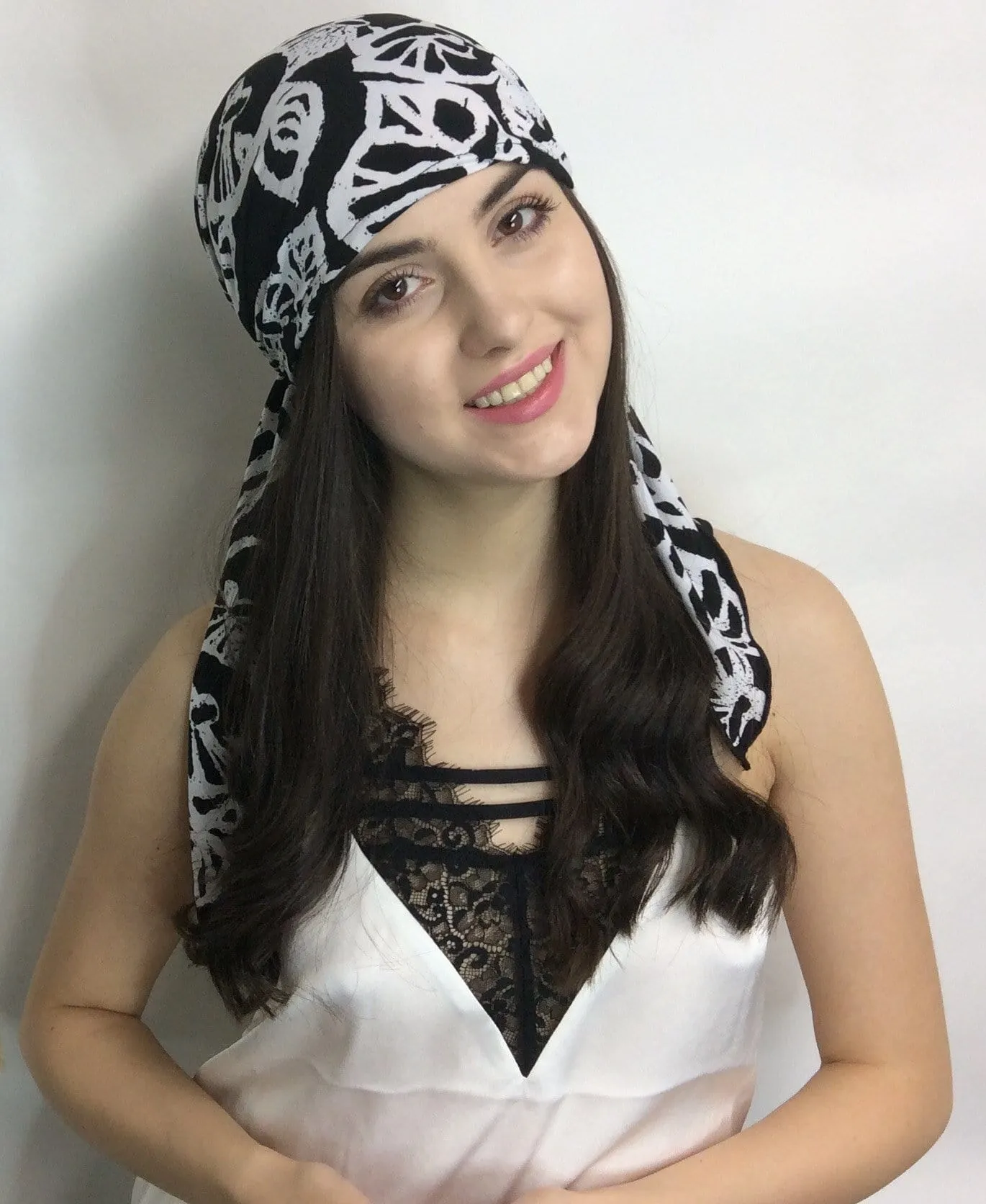 Beautiful feminine Tie Back Hair Cover Black & White Pre-Tied Head Scarf For Woman | Made in USA | Woman Owned Business