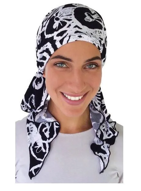 Beautiful feminine Tie Back Hair Cover Black & White Pre-Tied Head Scarf For Woman | Made in USA | Woman Owned Business