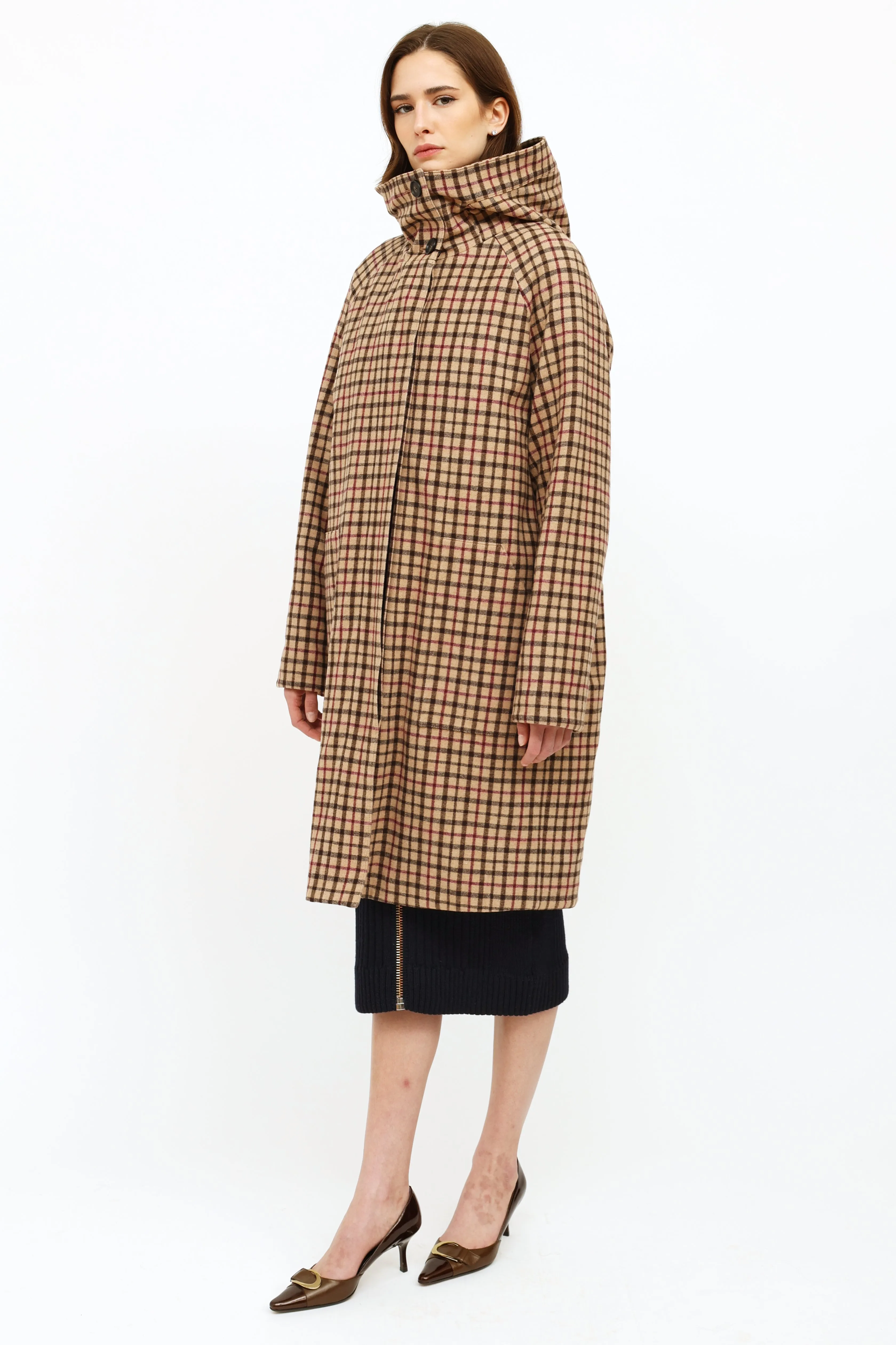 Beige Plaid Wool Trench Coat