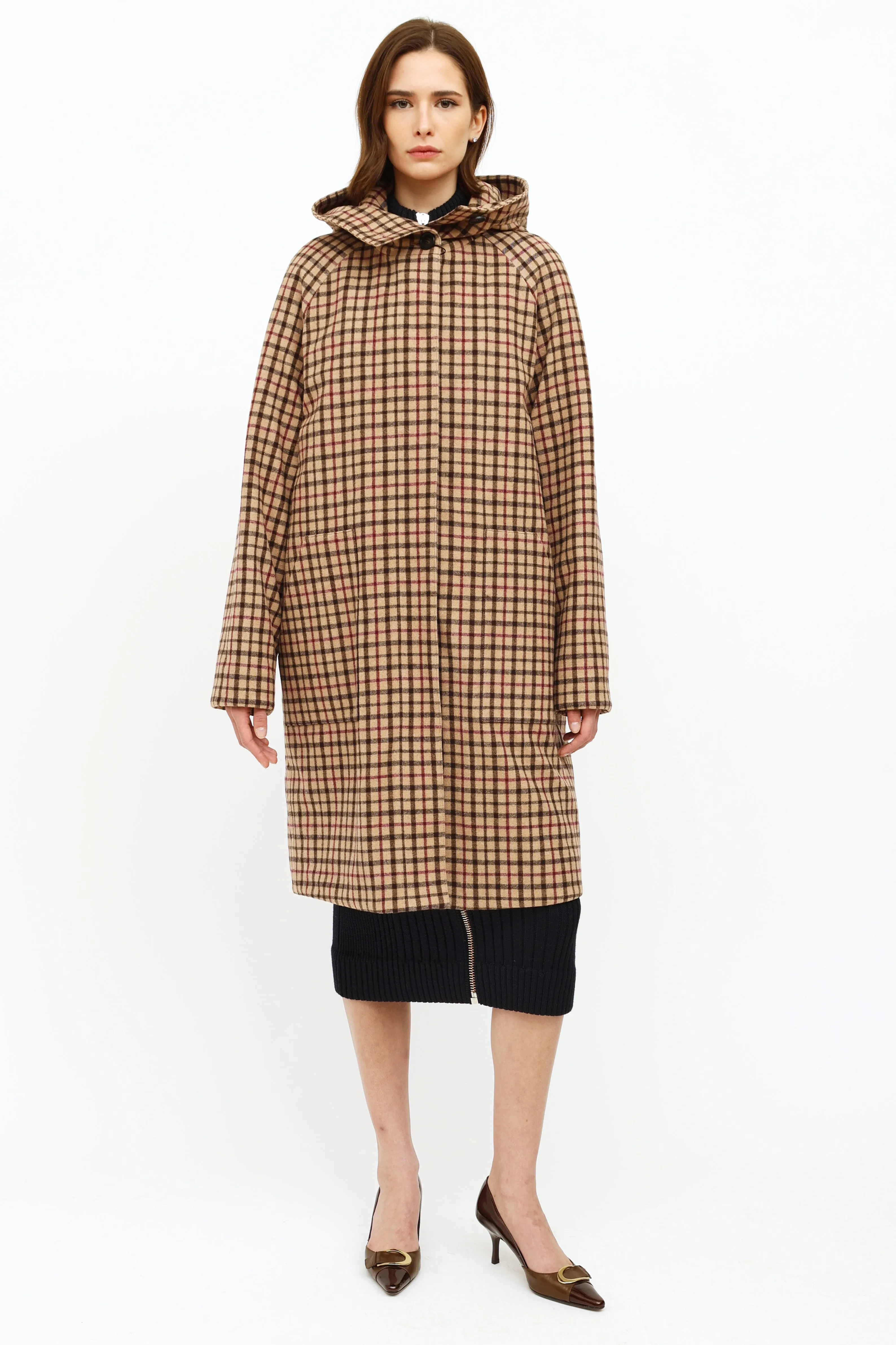 Beige Plaid Wool Trench Coat