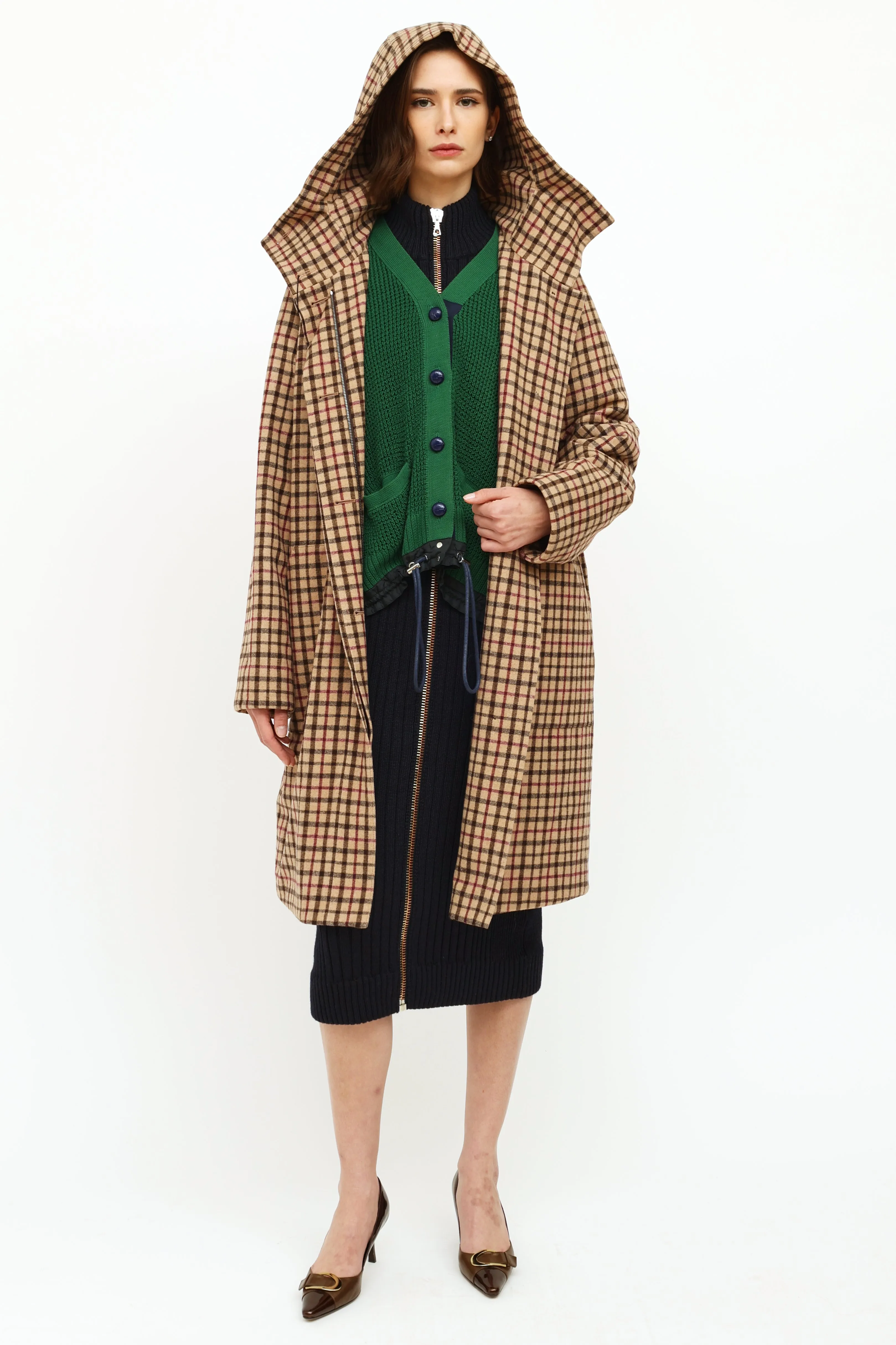 Beige Plaid Wool Trench Coat