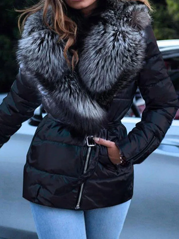 Belted Faux Fur Collar Padded Coat