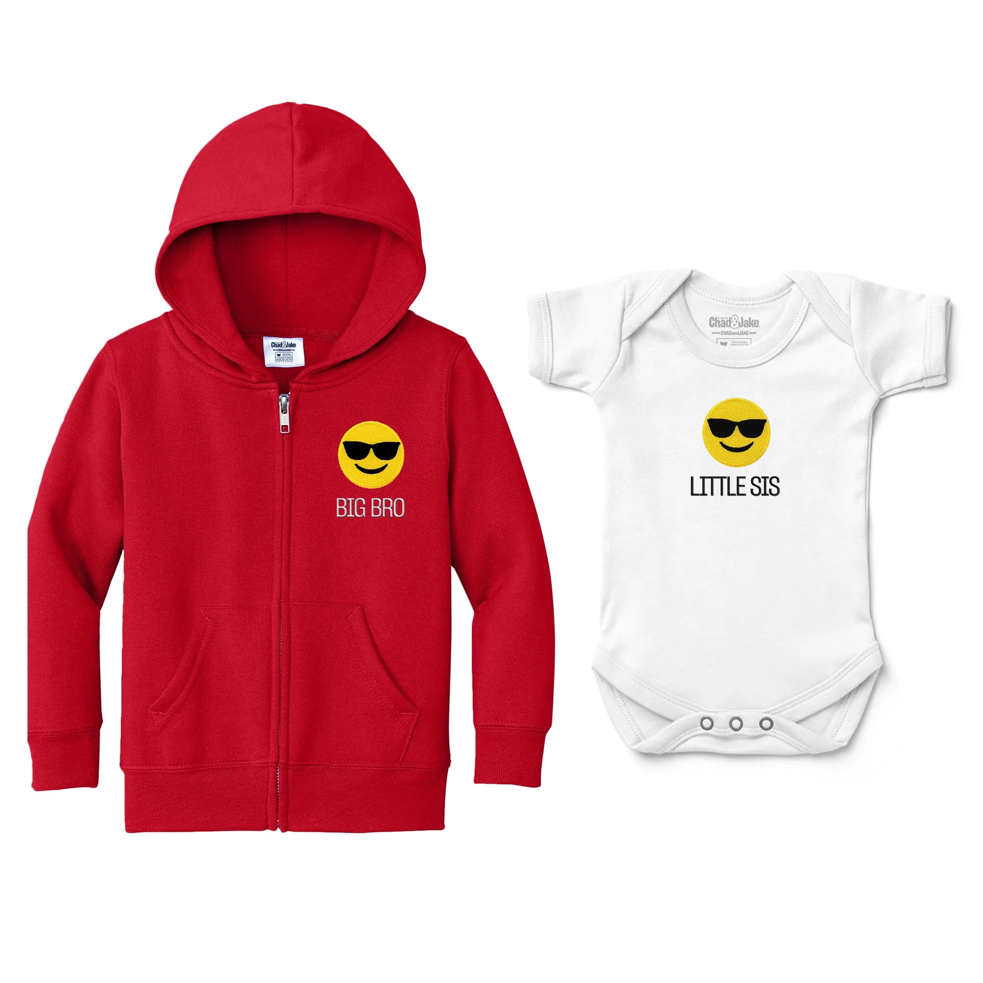 Big Bro Little Sis Sunglass Face Emoji - Full Zip Sweatshirt & Bodysuit Set