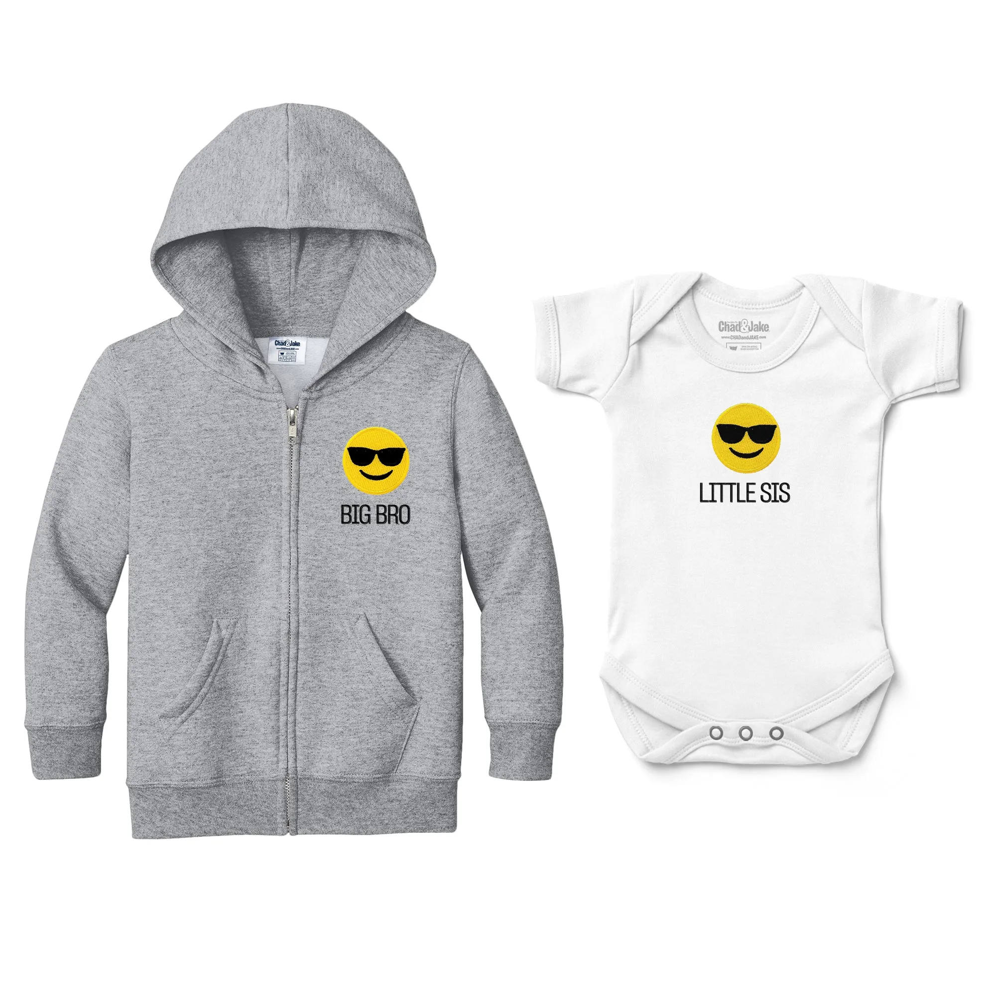 Big Bro Little Sis Sunglass Face Emoji - Full Zip Sweatshirt & Bodysuit Set