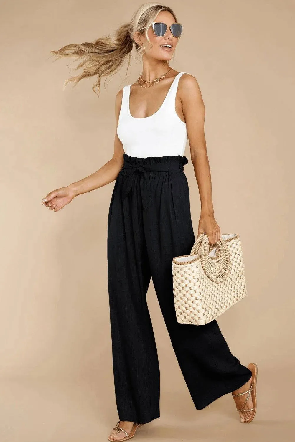 Black Casual High Waist Wide Leg Pants