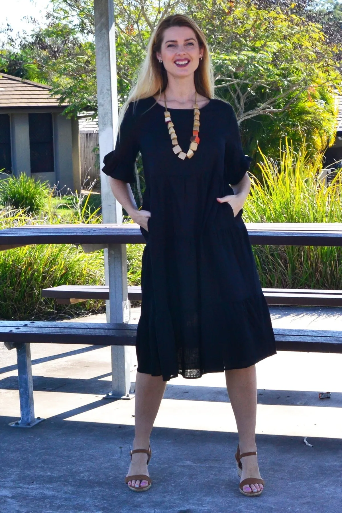 Black Linen Blend Midi Dress