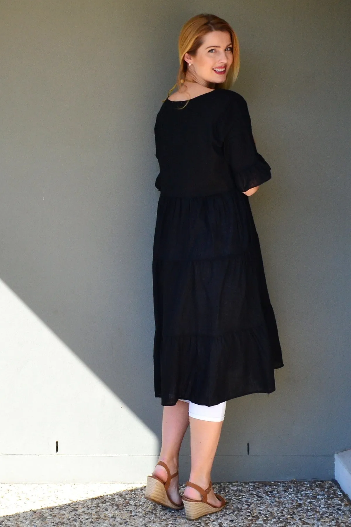 Black Linen Blend Midi Dress