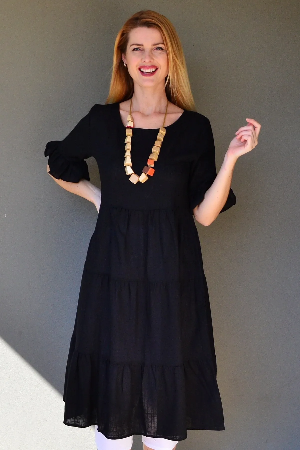 Black Linen Blend Midi Dress