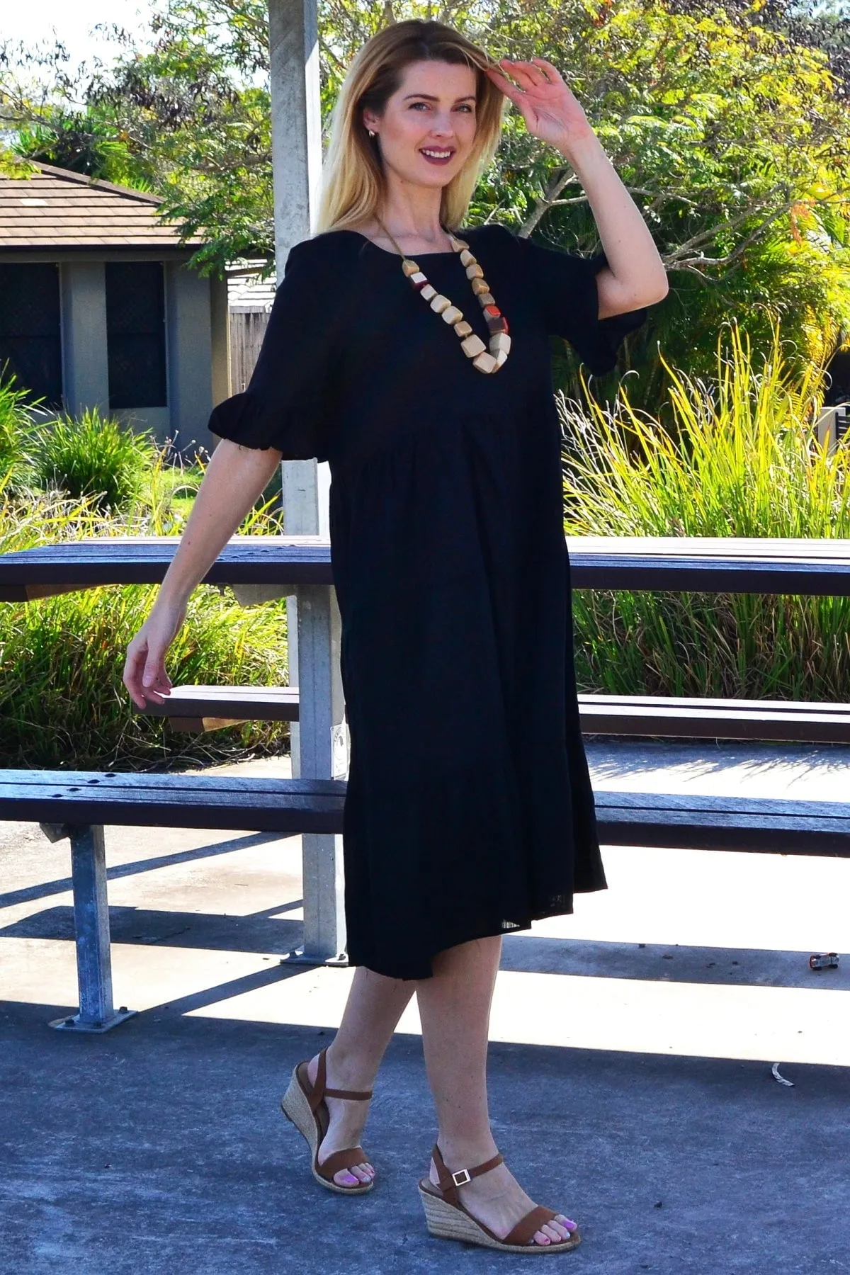 Black Linen Blend Midi Dress