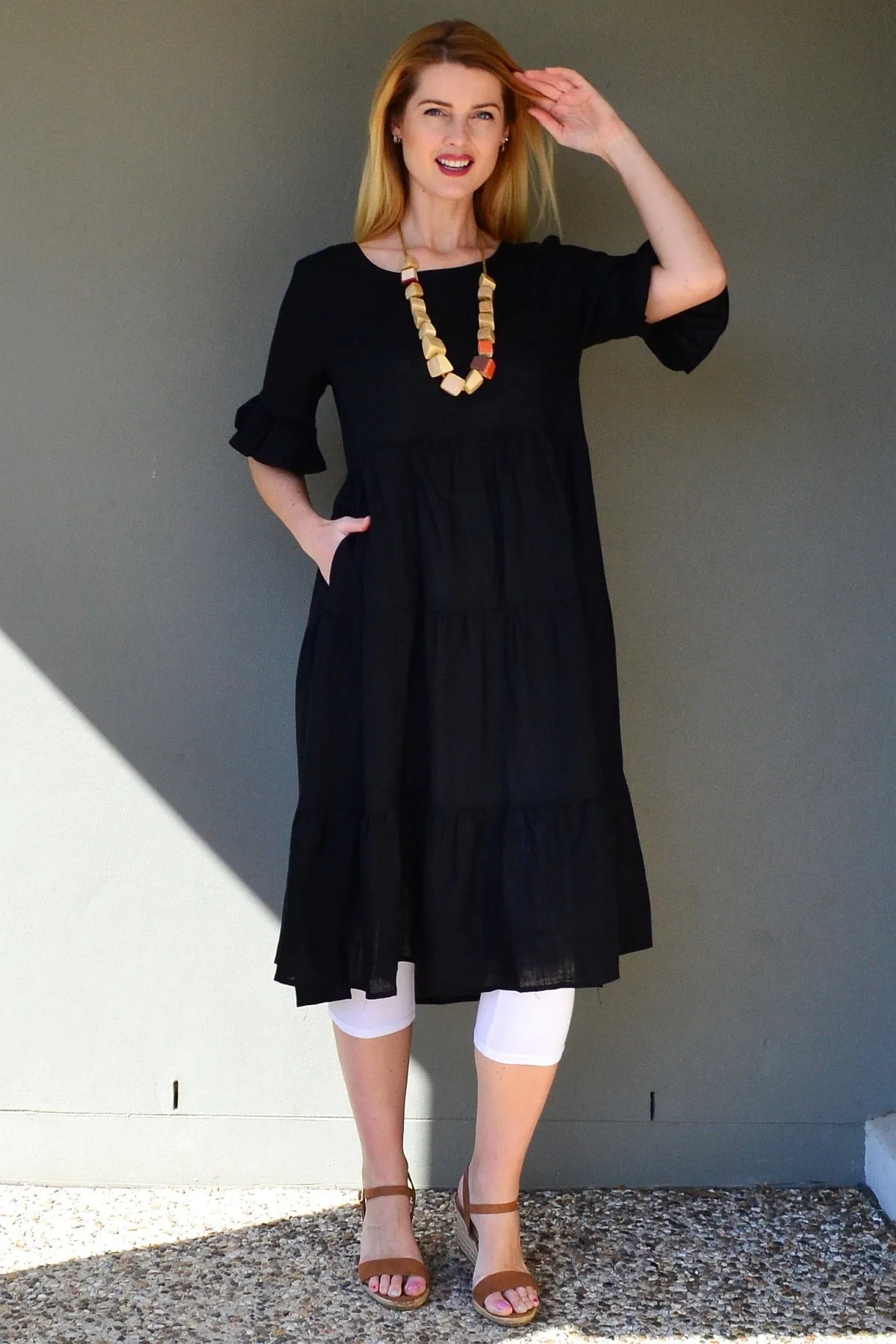 Black Linen Blend Midi Dress