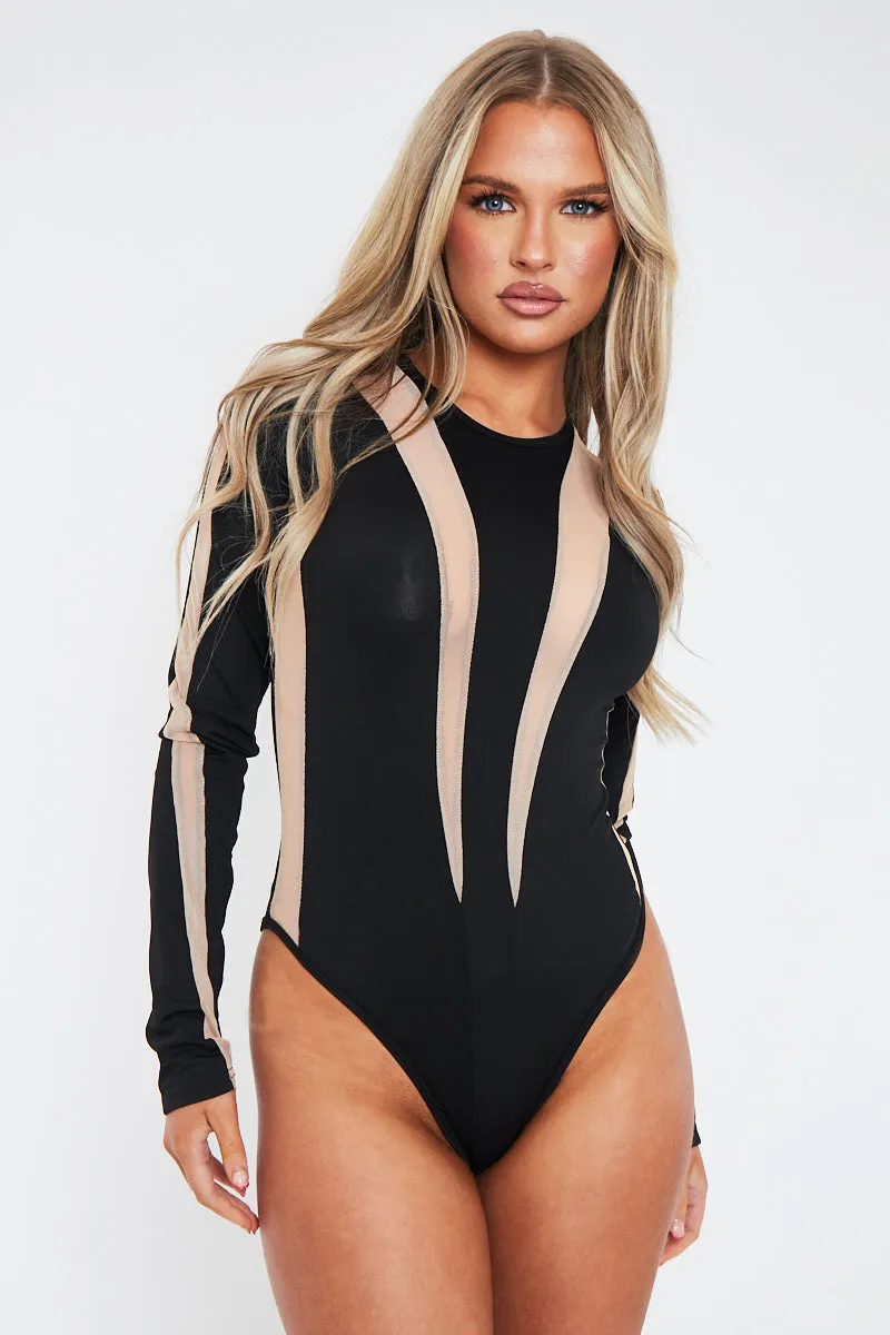 Black Mesh Contour Bodysuit - Celina