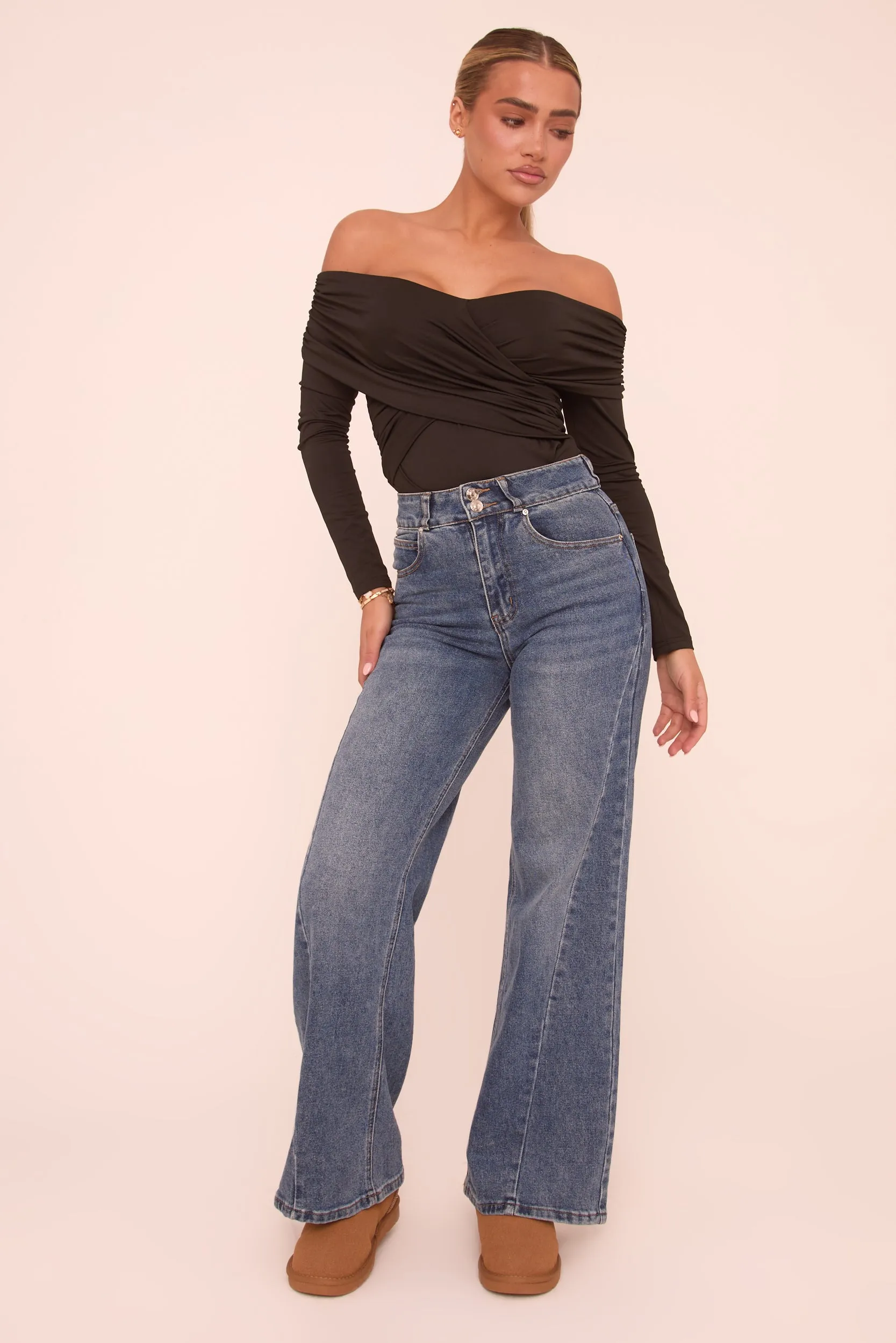 Black Ruched Bardot Long Sleeves Bodysuit - Ines