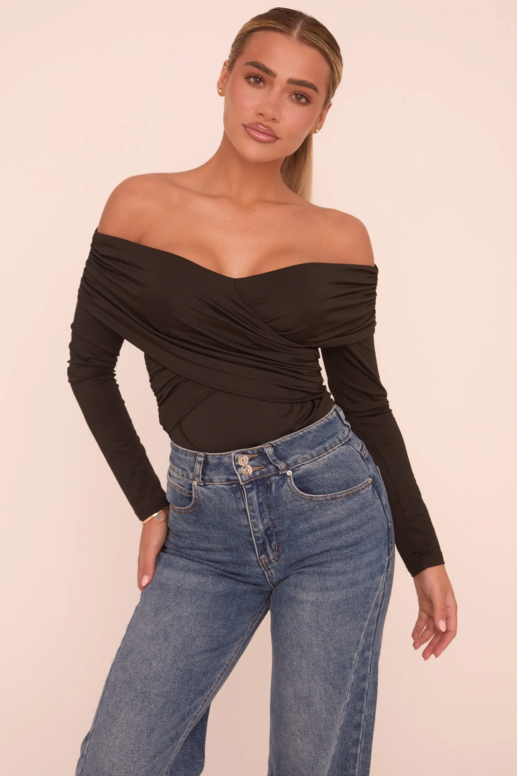 Black Ruched Bardot Long Sleeves Bodysuit - Ines