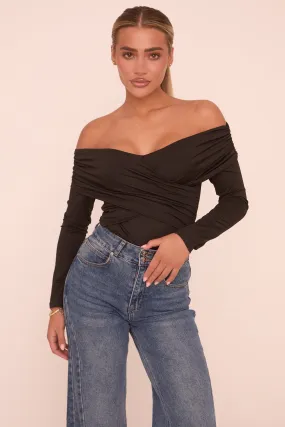 Black Ruched Bardot Long Sleeves Bodysuit - Ines